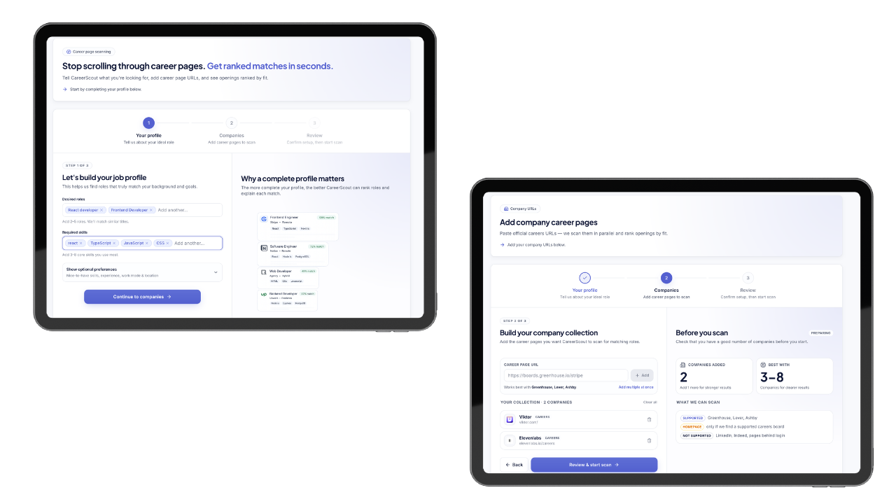 Desktop onboarding — Step 1 (job profile with roles & skills) and Step 2 (company career URLs), with guidance on supported ATS boards.