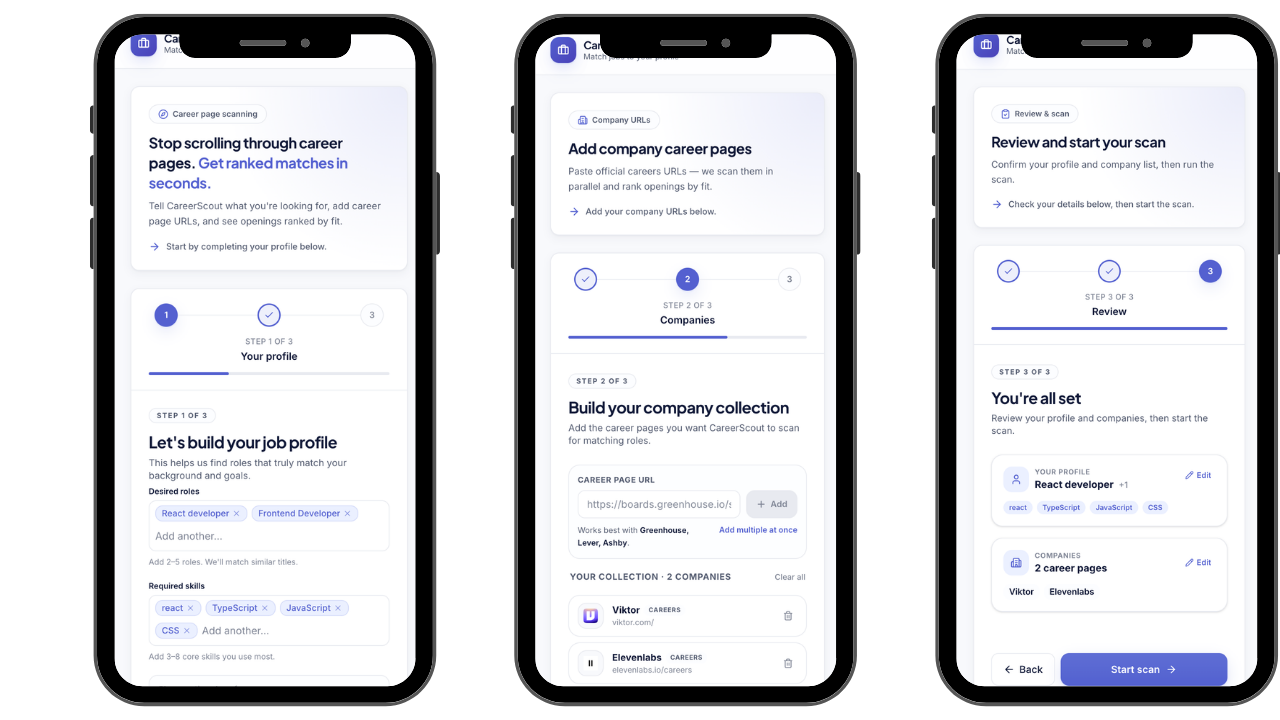 Mobile onboarding — profile → companies → review & start scan, condensed for a phone-sized layout.