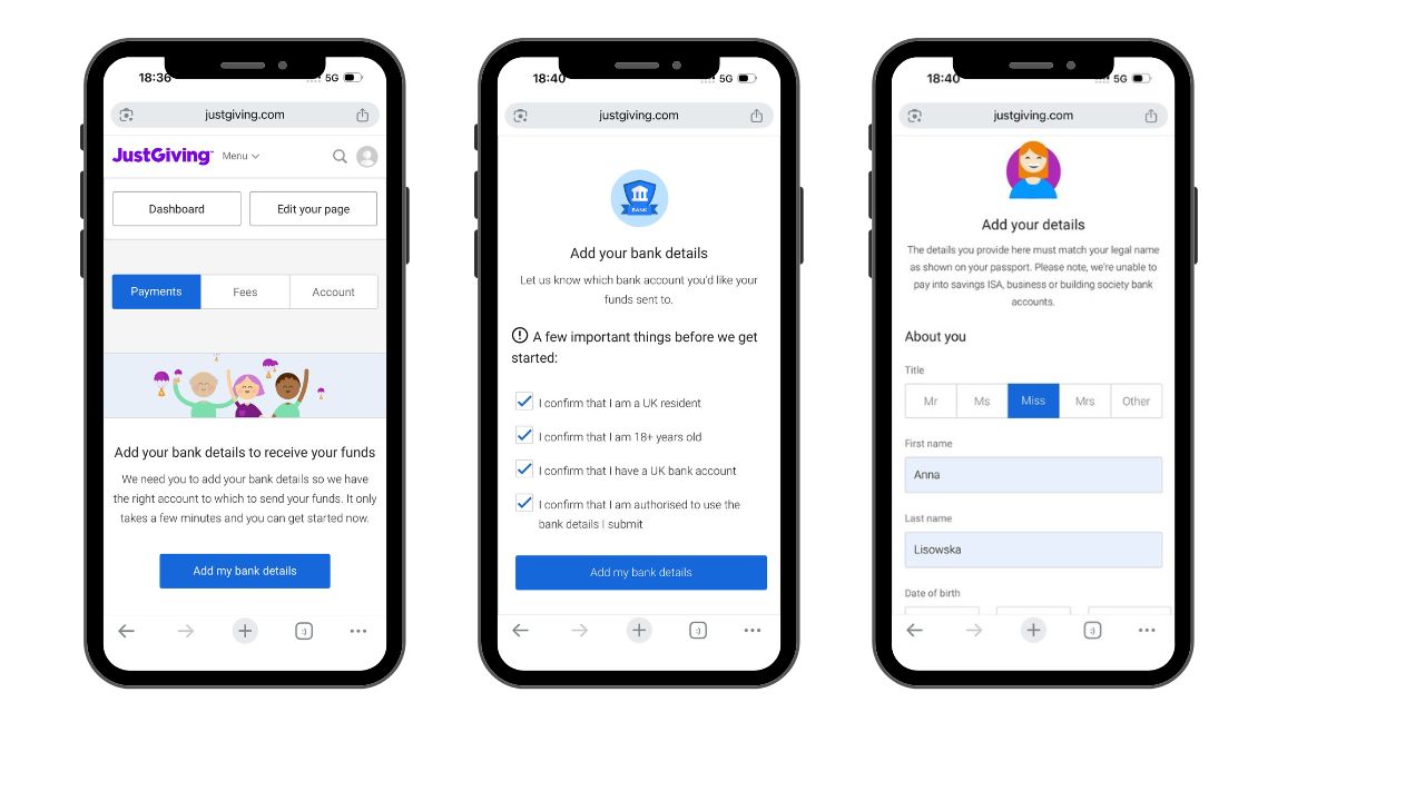 Mobile flow — onboarding through bank details across key steps.
